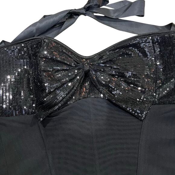 Adore Me Corset Black Hook Eye Bustier Sequin Halter Lingerie Ribbon Garter 4XL - Picture 8 of 9